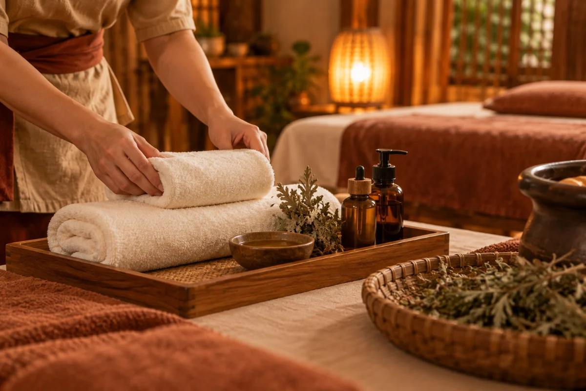 Kỹ thuật viên chuẩn bị khăn và tinh dầu – Ngải Hương